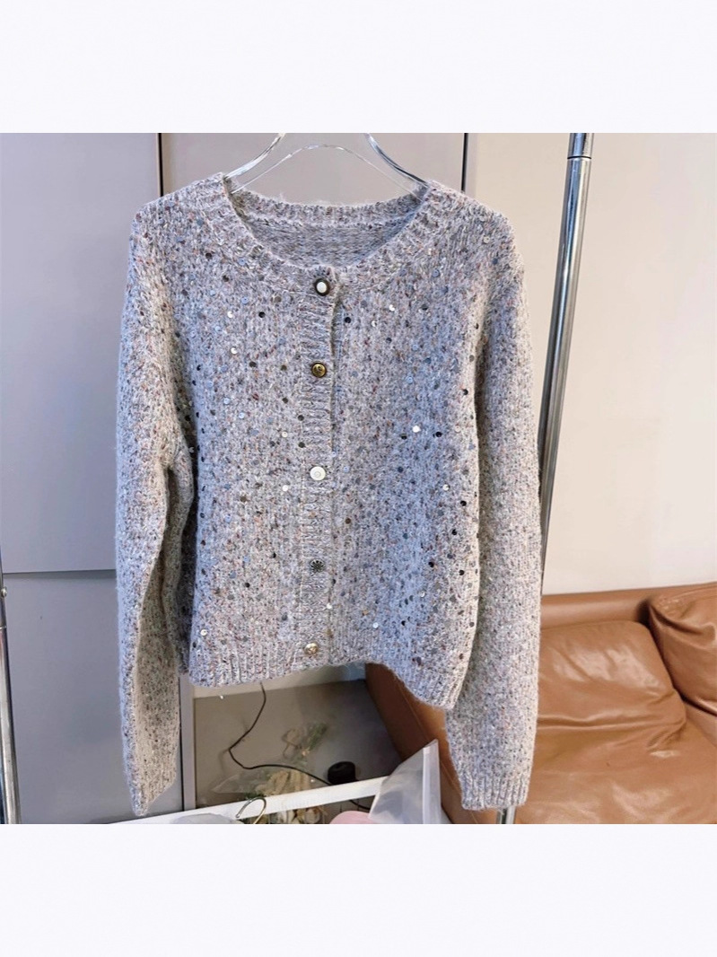 Autumn and Winter New Korean Style Loose Slim Round Neck Sequined Knitted Cardigan Women's Sweater Single-Breasted Fashion Jacket