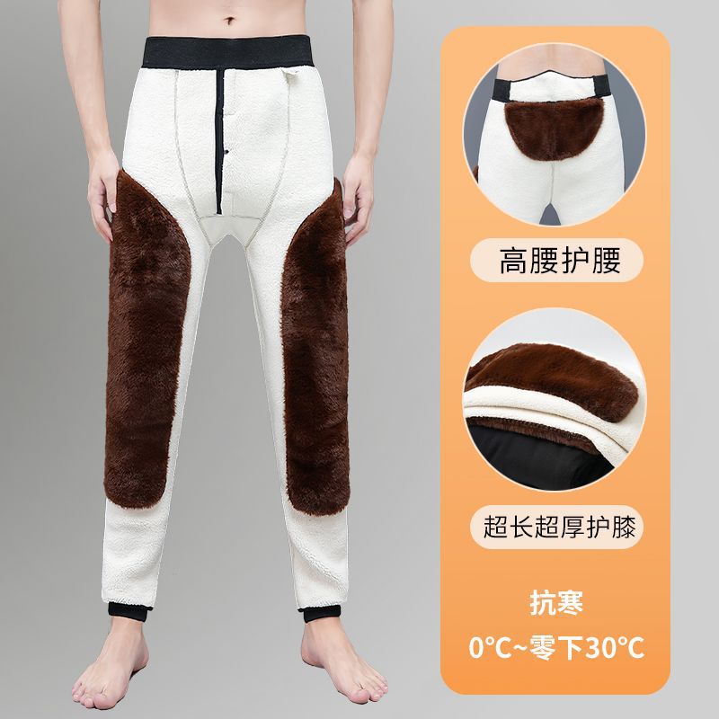 [High Quality] Men's Cotton Pants with Velvet and Thickeneded Waist and Knee Pads for Inner Wear, High Waist and Deep Crotch for Young and Middle-Aged People, Large Size and Warm
