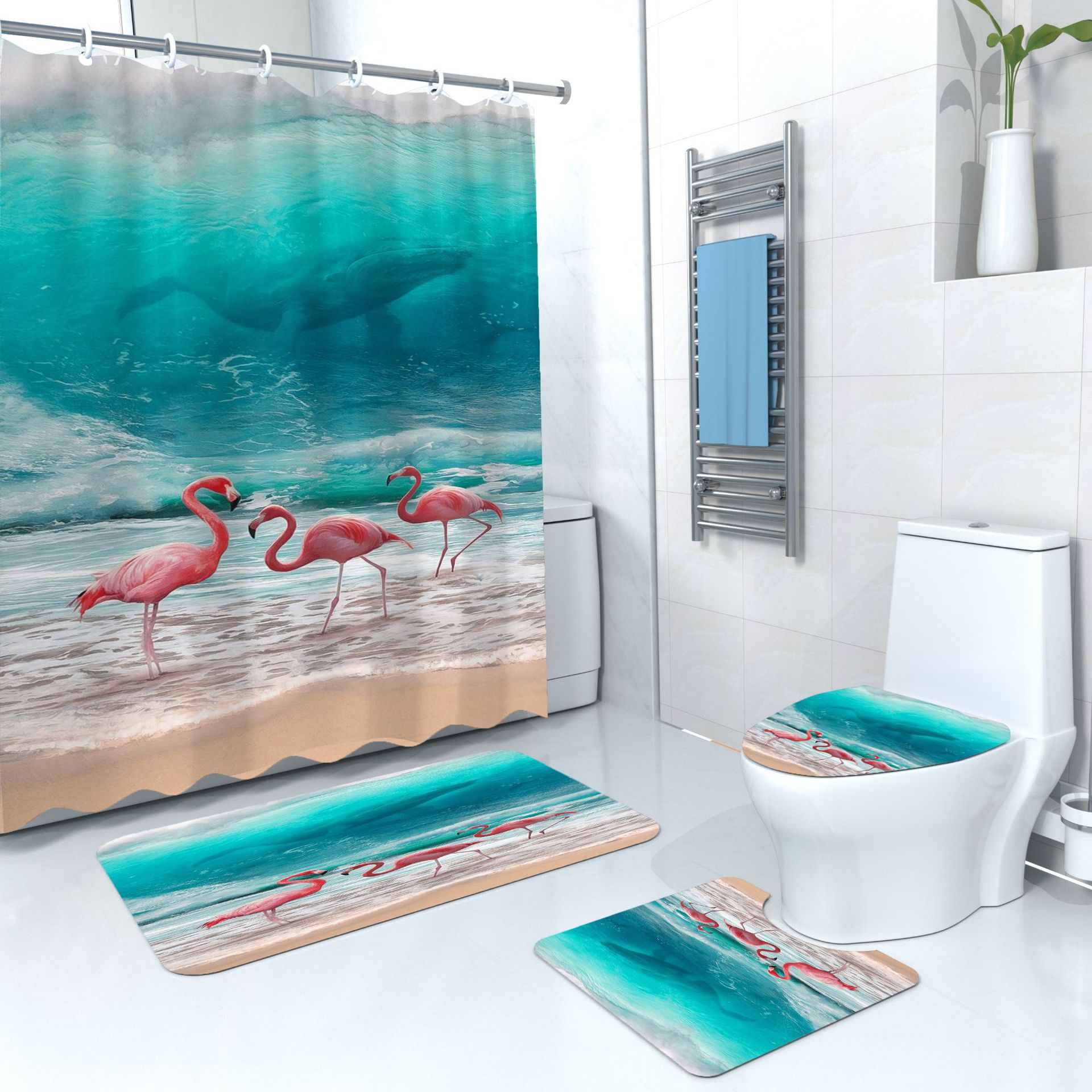 Factory custom digital printing shower curtain landscape bird polyester waterproof mildew proof bathroom partition curtain bathroom four-piece set