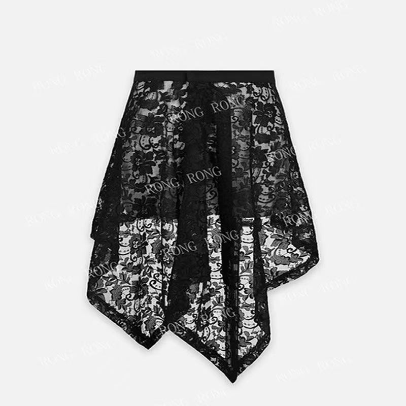 Wear a Lace Black Butt Curtain Girdle with a Soft High-Waisted Versatile Short Skirt in Summer and an Irregular Skirt with an Irregular Hem