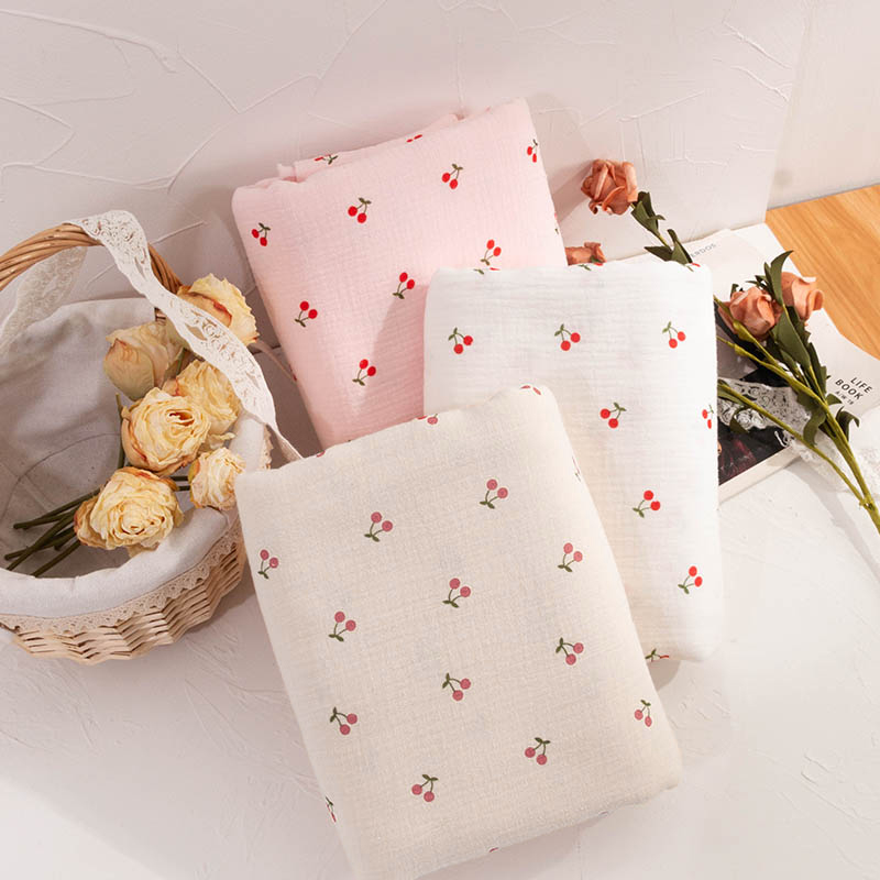 Cotton Double-Layer Gauze Crepe Small Cherry Print Children's Dress Washed Baby Cotton Pajamas Fabric Leather