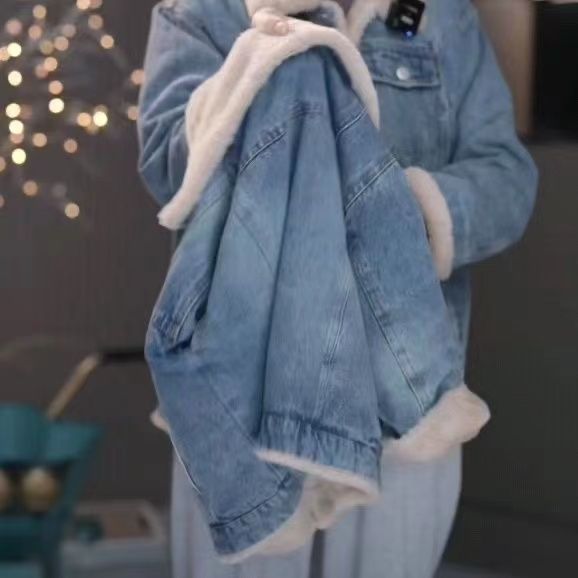 Girls' Denim Jacket with Fleece Lining, Thickened for Autumn and Winter, New Trendy Fashion for Older Children, Warm Outerwear for Elementary School Students, Korean Style