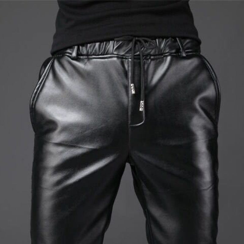 Spring Summer Autumn Korean Style Tight Slim Fit Leather Pants Men's Skinny Pants High Stretch fleece-lined Youth Motorcycle