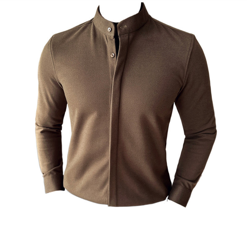 Stand Collar woolen shirt men's long sleeve slim fit ruffle handsome high-grade business casual fake two-piece knitted pullover sweater men