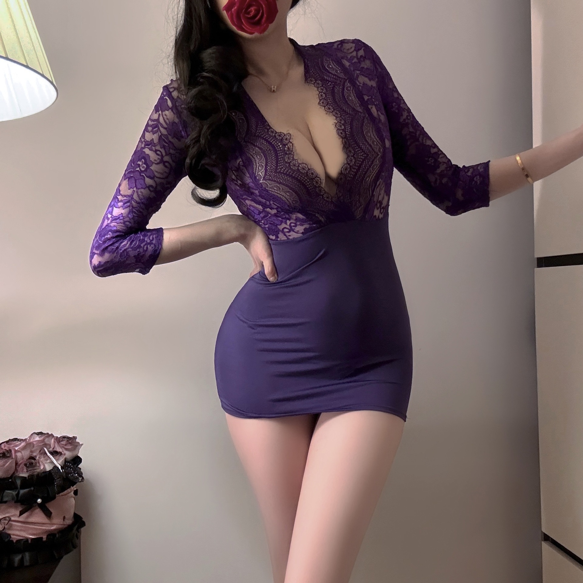 Purple Alluring Plus-Size Lingerie Sexy European and American Deep V See-Through Lace Uniform Seductive Secretary Dress Bodycon Skirt