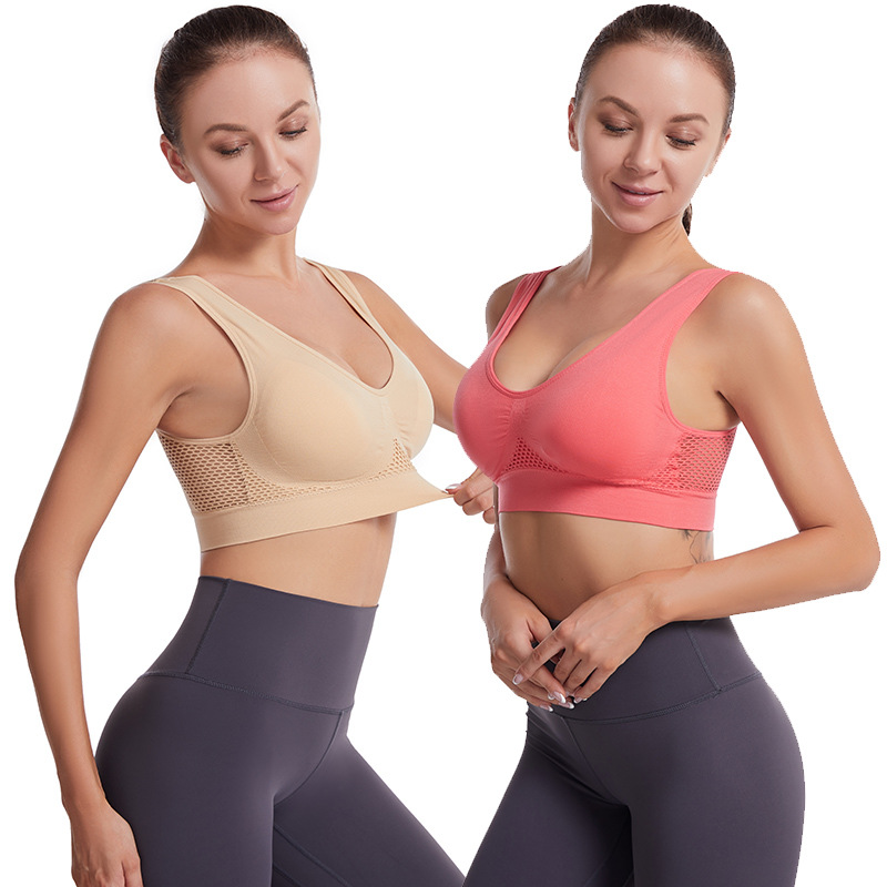 Cross-Border Supply of Wire-Free Hollow Mesh Breathable Hole Sports Bra Shockproof Yoga Running Large Size Sports Bra