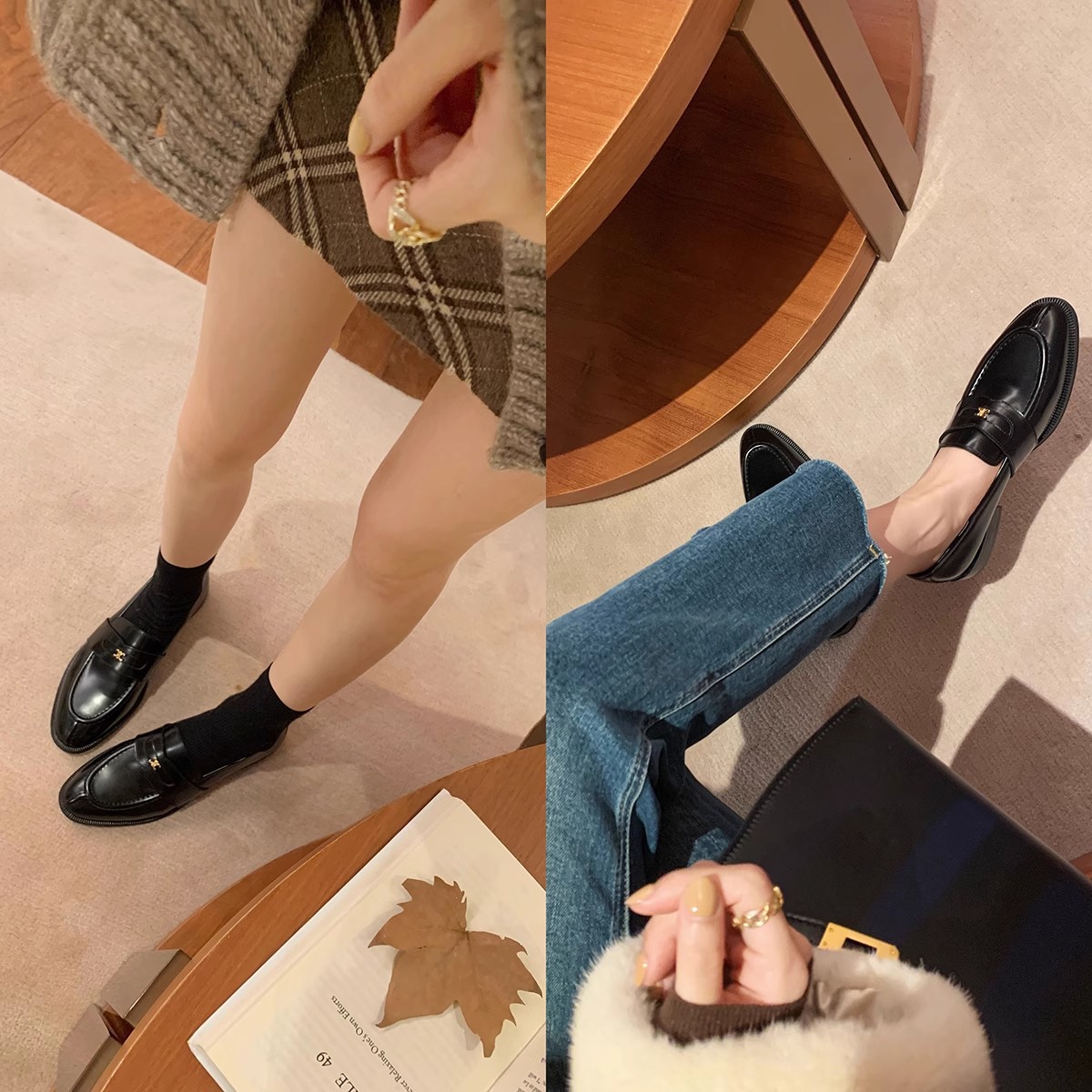 Grape Mom studiolee British Style Round Head Small Gold Button Single-layer Shoes Women's Inner Height Increasing Lefu Small Leather Shoes Women's fleece-lined