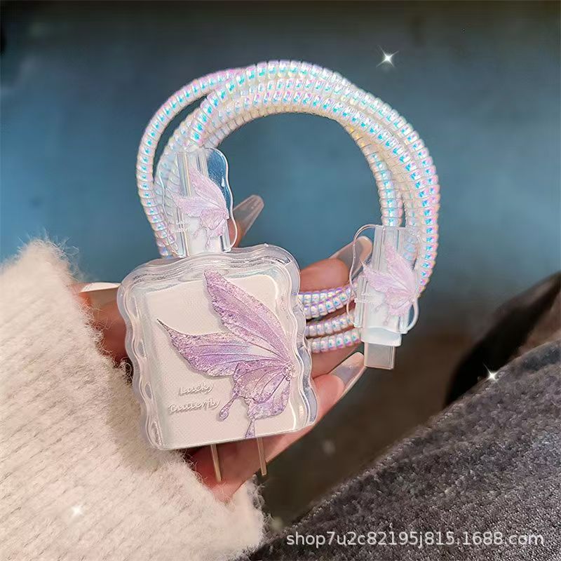 Фиолетовая бабочка подходит для зарядного устройства Apple 20W iPhone 16, защитный чехол для кабеля, противоударный