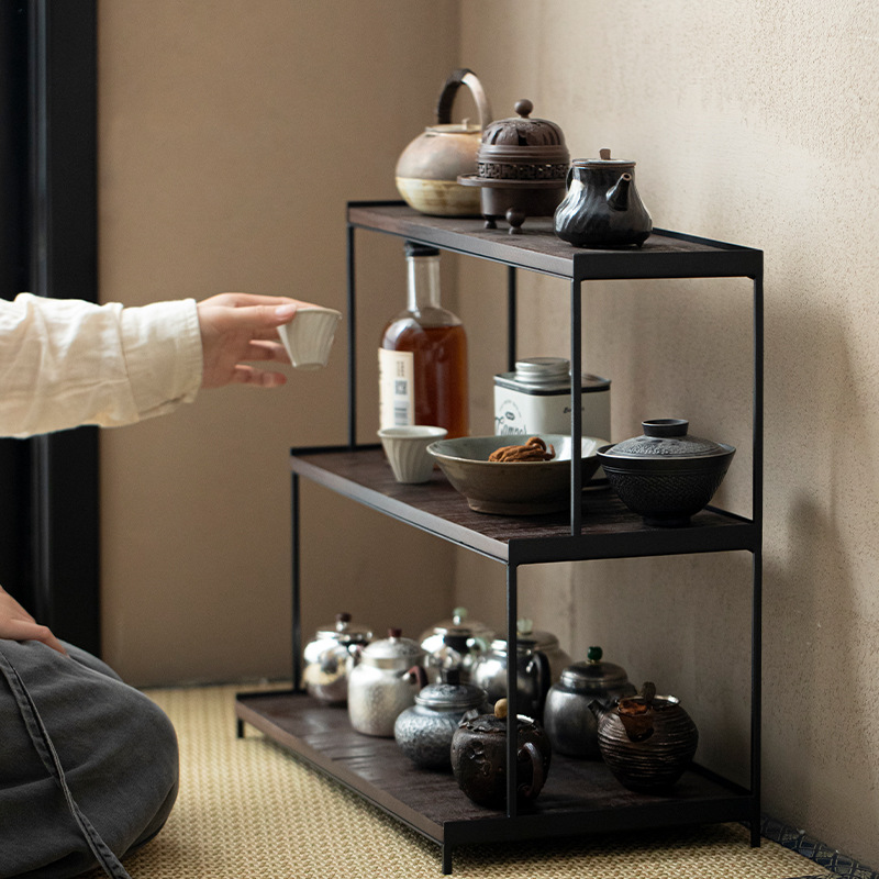 Wrought Iron Solid Wood Three-Layer Trapezoidal Tea Shed Tea Set Teapot Storage Display Cabinet Cup Holder Storage Rack Tea Set Rack