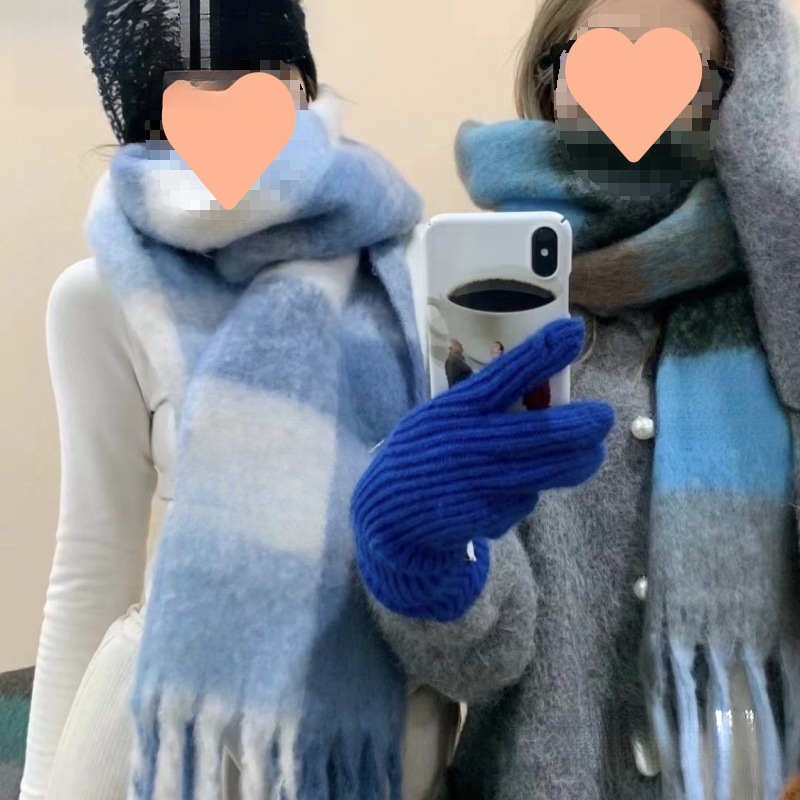 Autumn and Winter New Thickened Warm Rainbow-Colored Plaid Scarf European and American Loop Yarn Thick Tassel Color-Blocking Shawl Universal