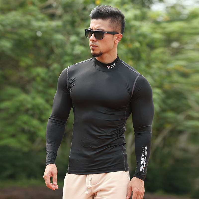 Спортивный бодибилдер с длинными рукавами для мужчин, флисовая подкладка, зимняя быстросохнущая одежда для фитнеса с высоким воротом