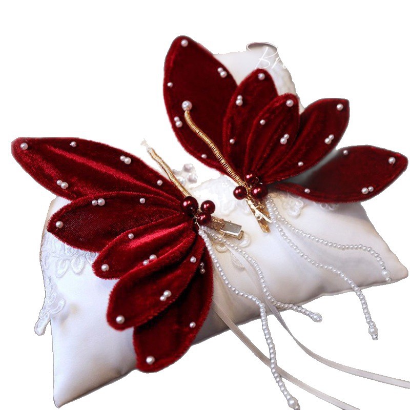 New Elegant Bride Burgundy Butterfly Hairpin Set Bridal Dress Toast Dress Headdress Photo Style with Fragrance