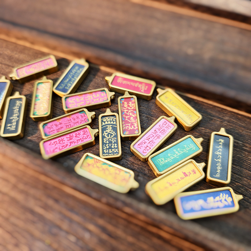 1*3 Titanium Steel Hand-Painted Mineral Sand Thangka Single-Sided Portable Titanium Steel Pendant Gold Small Strip Direct Wholesale from Manufacturer