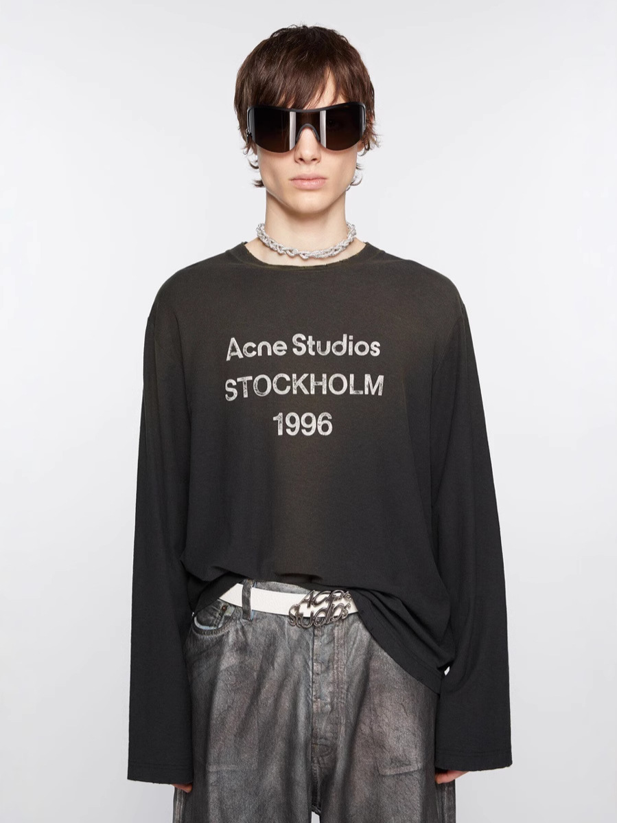 Spring and Summer 1996 Washed Frayed Distressed Letter Print High Street Long-Sleeved Loose Long-Sleeved T-Shirts for Men and Women Couples