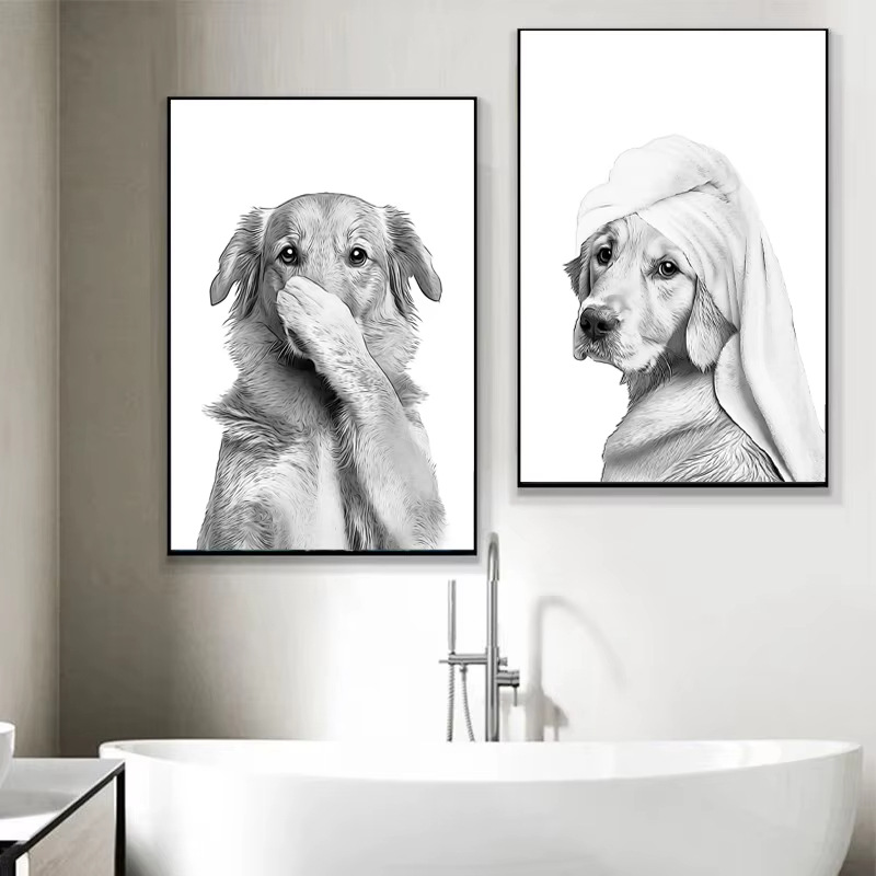 AliExpress selling black and white bathroom animal cat dog toilet toilet canvas painting decorative painting core poster
