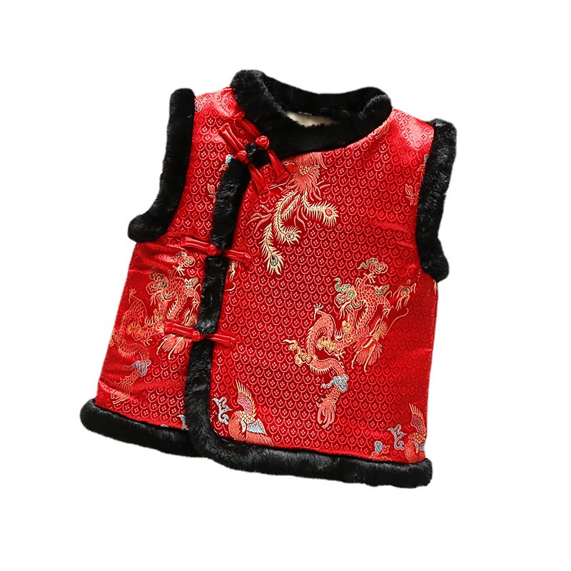 Chinese-style annual clothing children's waistcoat for boys and girls plus velvet padded vest festive New Year outfit Tang suit waistcoat factory wholesale