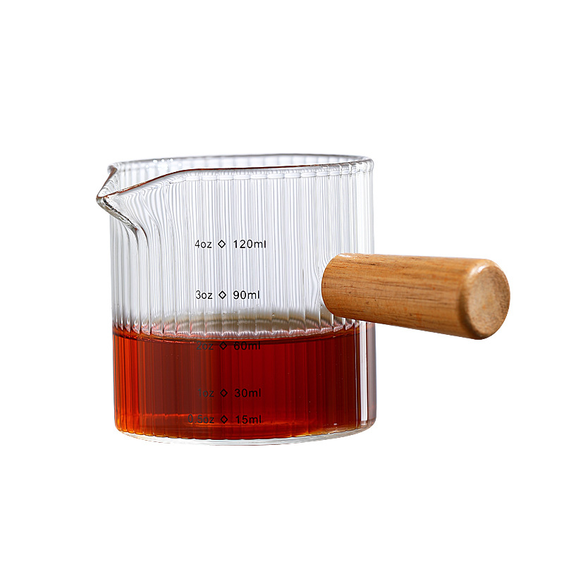 Italian-Style Glass Coffee Measuring Cup with Vertical Stripes, Small Capacity Milk Jug, Mini Milk Pitcher, Wooden Handle, Double Spout, Small Milk Coffee Pitcher