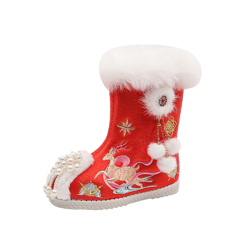 Winter Thickened Girls' Hanfu Shoes Matching New Year's Clothes Girls' Shoes Chinese Style Red Children's Embroidered Shoes Warm Cotton Shoes