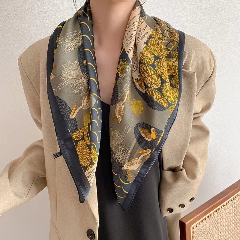 New Style Silk Scarf Women's Fashion All-Match Sense 70 Square Scarf Korean Style Neck Protection Scarf Spring and Autumn Retro Scarf Tie Bag