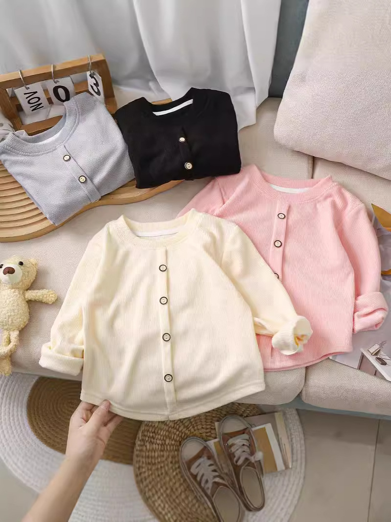 Girls Sweet Long-Sleeved T-Shirt 25 New Knitted Bottoming Shirt Kidsren's Pit Strip Stretch Button Warm Top Wholesale