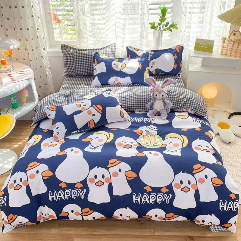 Small fresh skin-friendly cartoon aloe vera cotton four-piece bedding student dormitory single bed sheet quilt cover three-piece set