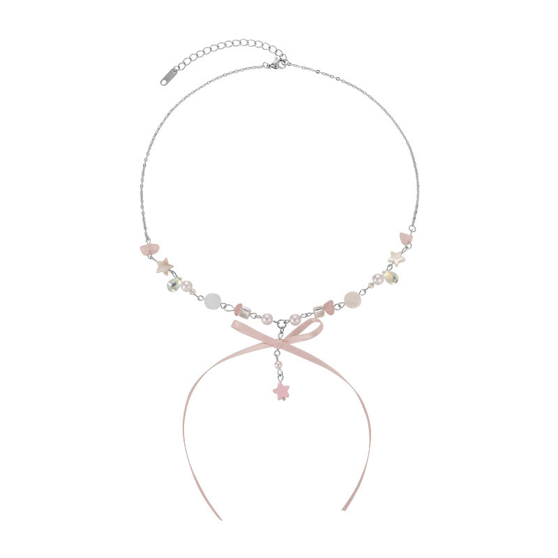 "Mianmeng Girl" Ballet Style Ribbon Bow Exquisite Dreamy Five-Pointed Star All Year Round Sweet Necklace New Style for Women