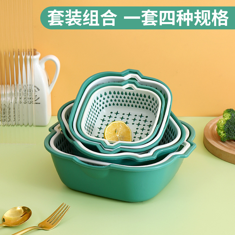 Thickened double-layer kitchen vegetable washing basket draining artifact multi-functional 6-piece plastic draining basket wholesale