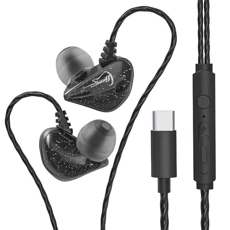 Ear-Mounted Heavy Bass Headphones Wired Android Mobile Phone Gaming Headset Wire-Controlled Sports Headset Round Hole Typc-C Flat