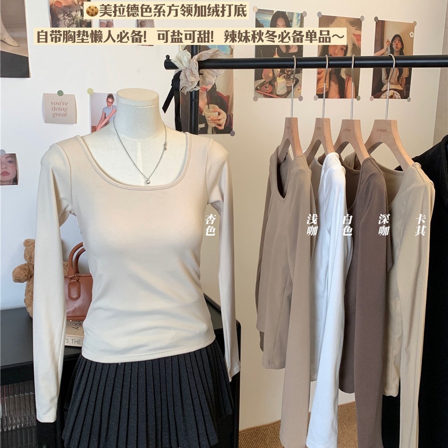 Теплая футболка с длинным рукавом U-образный вырез базовая рубашка женская внутренняя флисовая нижняя одежда осень и зима новый стиль утолщенная топ с подушечкой для груди тонкий флис