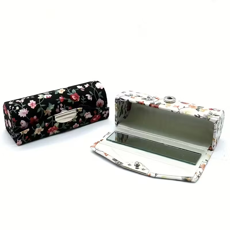 Retro Lipstick Box Lipstick Portable Colorfulful Jewelry Ribbon with Mirror Silk Embroidered Lipstick Protective Storage Box