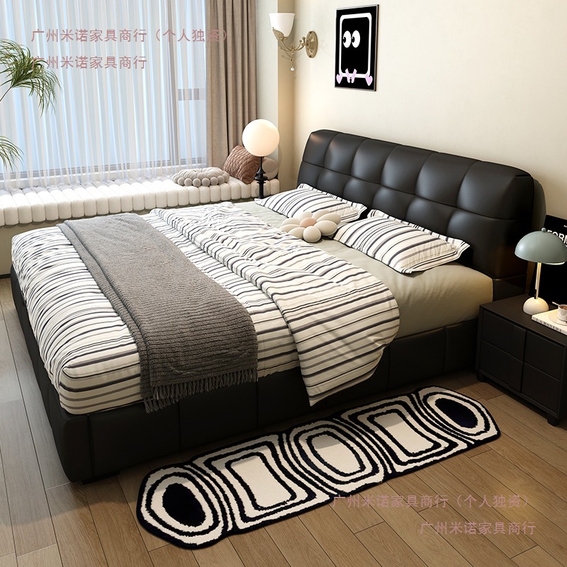 Современная простая итальянская черная кровать-пуф из кожи для малогабаритной квартиры, двуспальная кровать для свадьбы, большая кровать