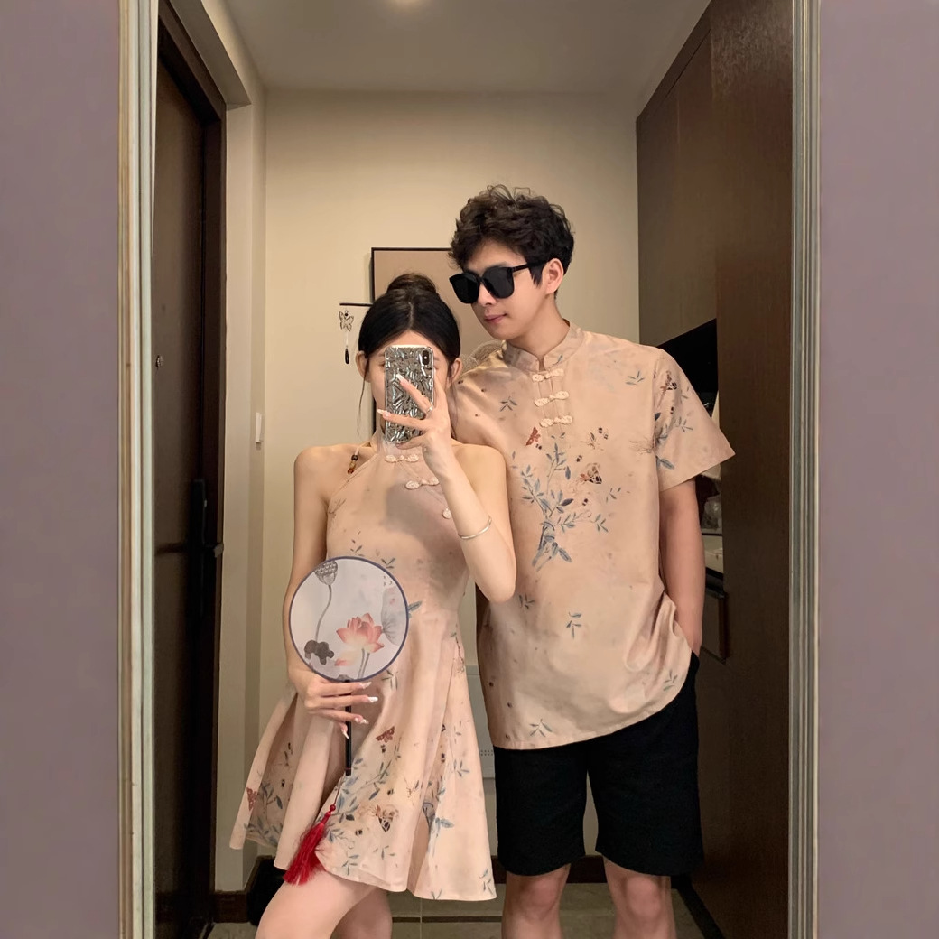 Гуофэн Пара Летнее новое антикварное платье с завязками Улучшенная пряжка Цвет Элегантная кибер знаменитость Короткий рукав Рубашка