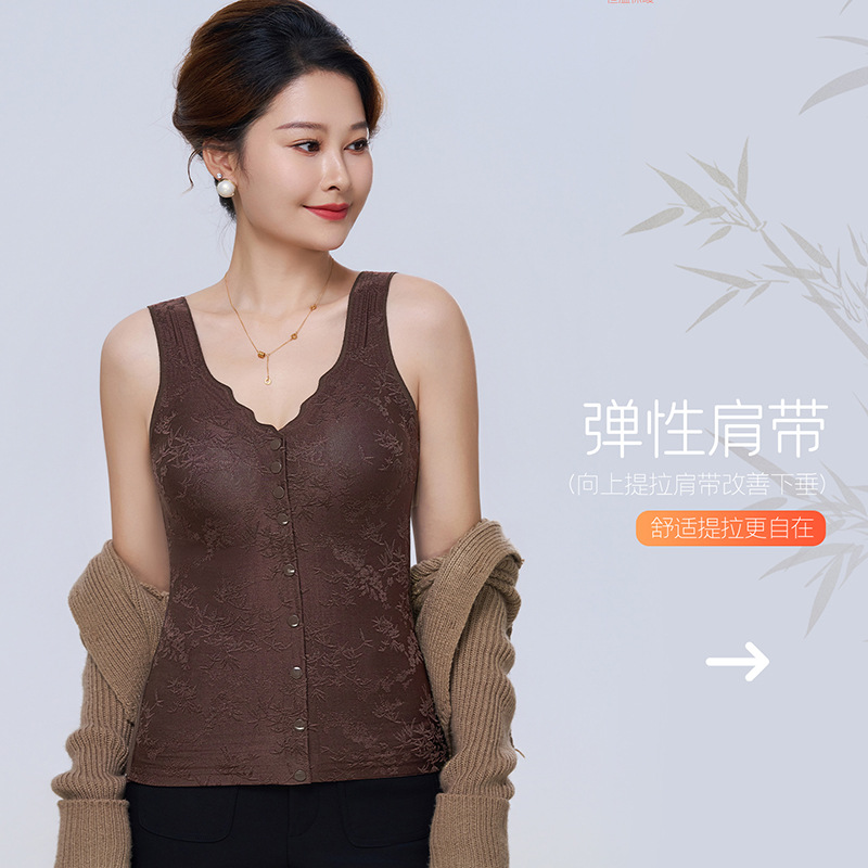 Chinese-Style Jacquard Front-Button Thermal Underwear for Middle-Aged and Elderly Women with Cup Pads, No Bra Needed, Breathable, Comfortable, and Warm Vest