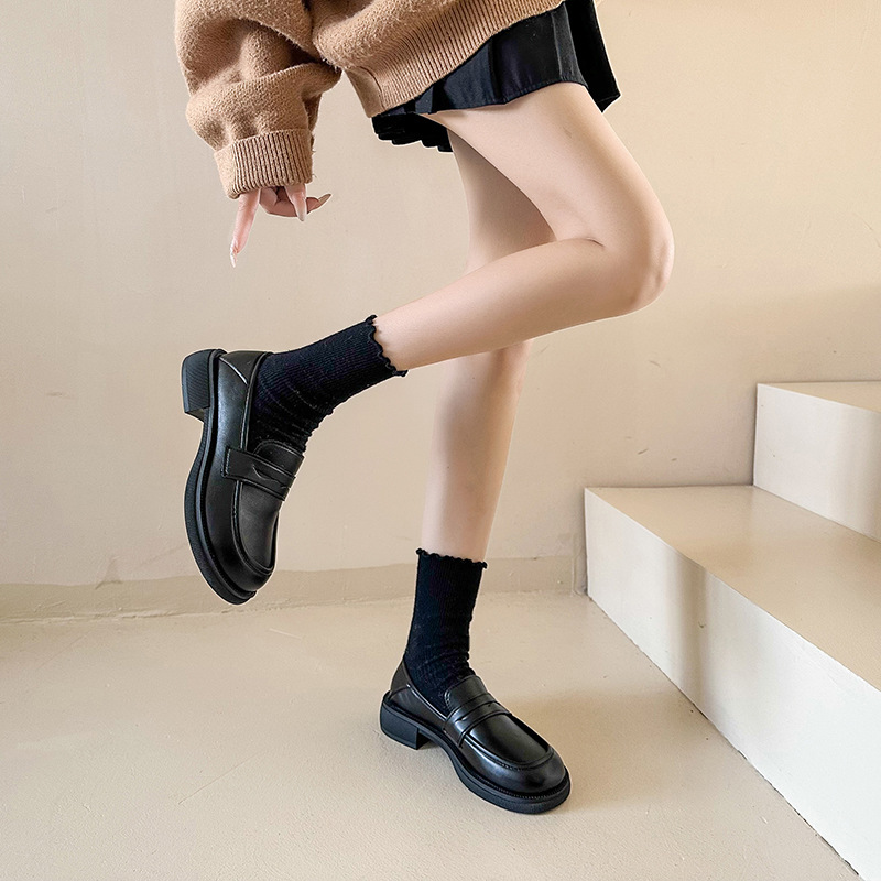 Black British-Style Women's Leather Shoes with Chunky Heels, 2025 Spring and Autumn New Slip-On Chunky Heel Loafers, Round-Toe Dual-Wear Women's Shoes