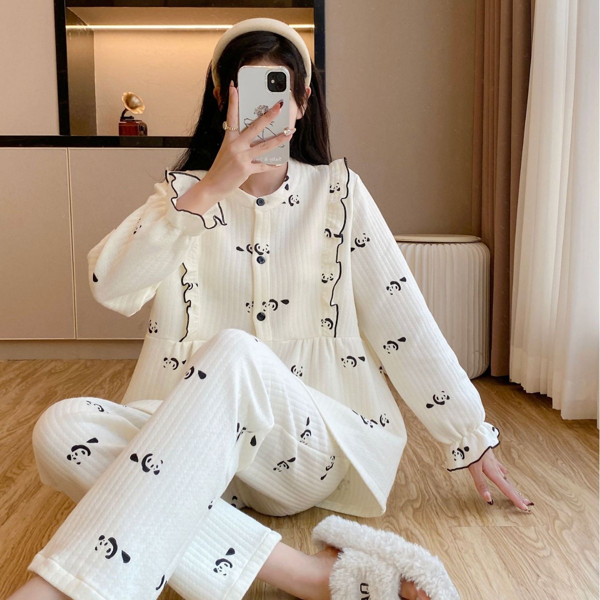 Autumn and Winter All Cotton Warm Long-sleeved Sweet Casual Sleeping Dress Three-layer Air Cotton Sandwich Pregnant Women's Home Luna Dress