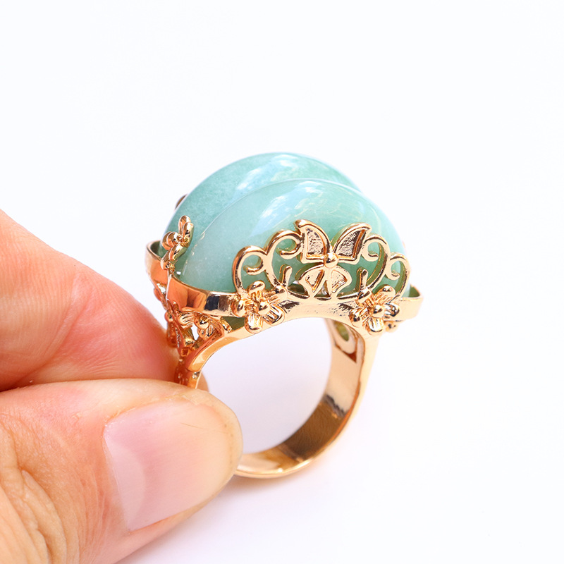 Floral Natural Stone Crystal Korean Style Ring Irregular Raw Stone Amethyst Tiger Eye Stone Rose Quartz Inlaid Copper Ring