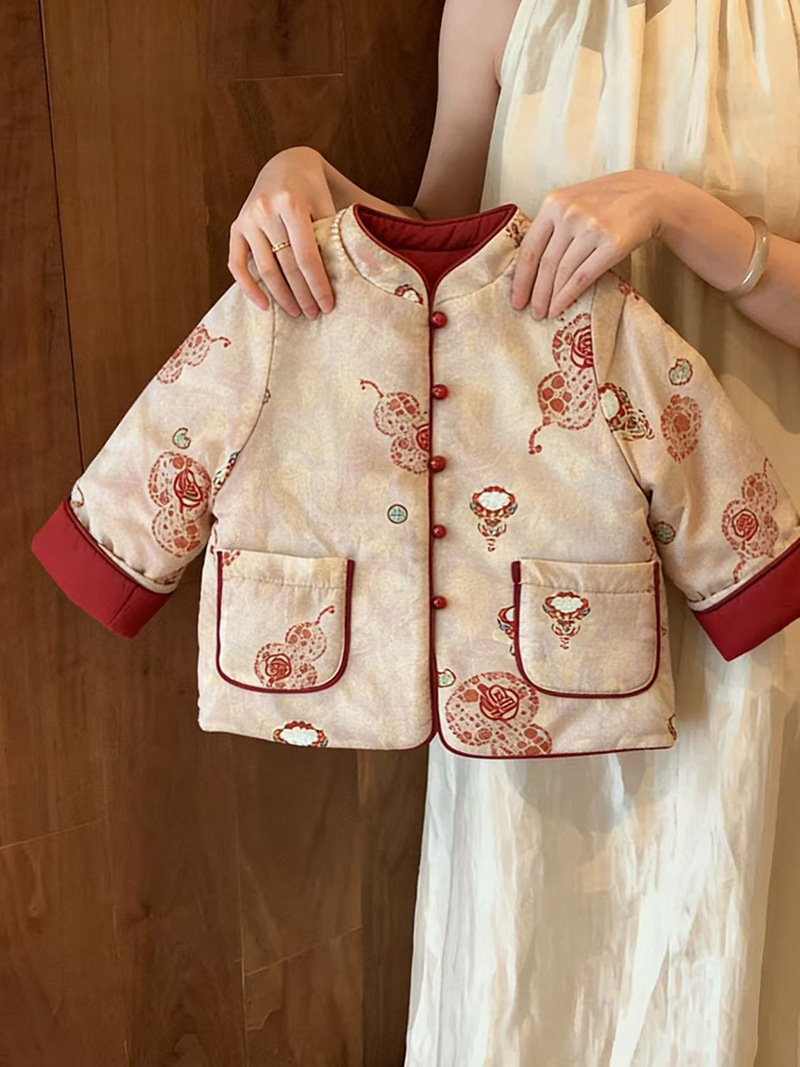 Boys and Girls Quilted Thickeneded Winter Red Cotton Coat Suit Reversible New Year's Greetings Chinese Style Kidsren's Winter Cotton Jacket