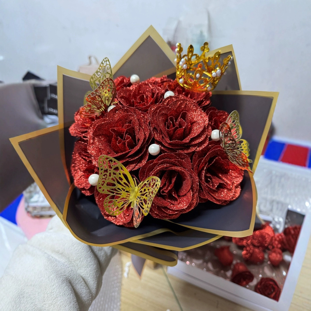 12 Glitter Rose Bouquet Pearl Greeting Card Valentine's Day Artificial Rose Bouquet DIY Wrapping Paper Butterfly Crown
