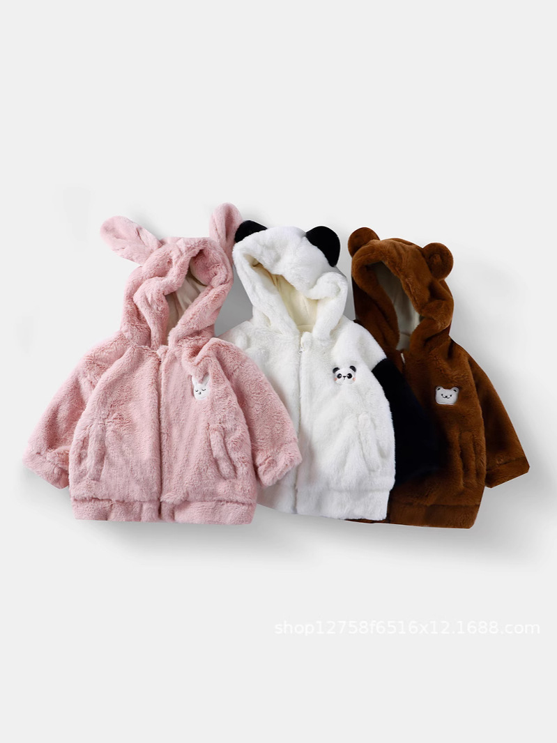 Children's Fur Coat New Boys and Girls Baby Hooded Warm fleece-lined Top Children's Cardigan Zipper Outerwear