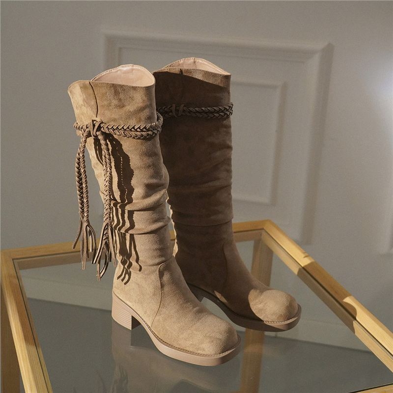 Sheepskin Version ~ Wasteland Retro Style Thick-Soled Boots for Women, Fashionable New Frosted Tassel Hemp Rope Thick Heel High Boots