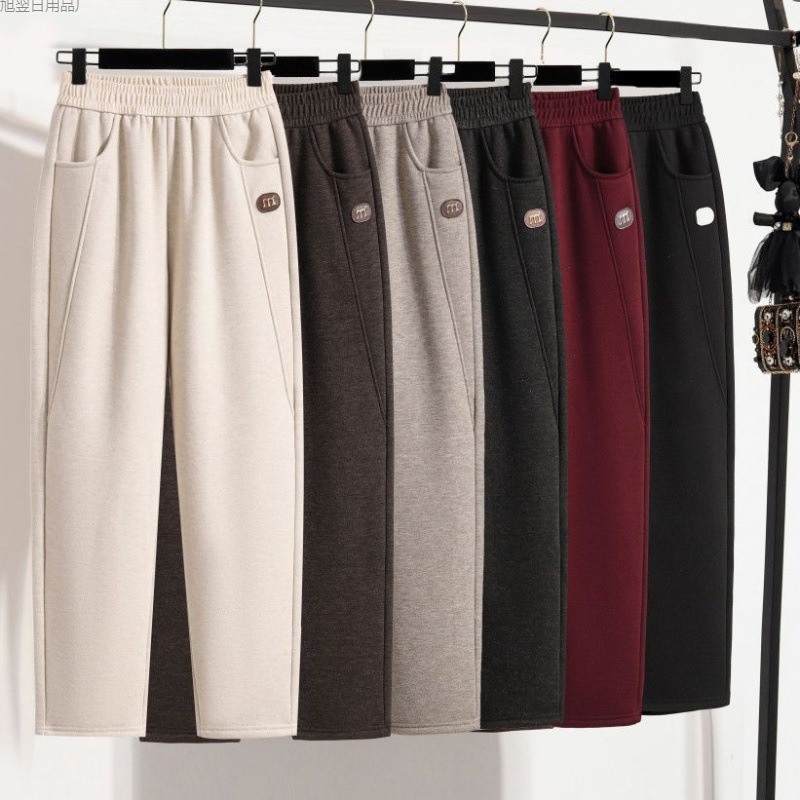 Осенние и зимние свободные мягкие повседневные брюки, стройнящие, с эластичным поясом, универсальные повседневные брюки, вышитые шершащие прямые брюки