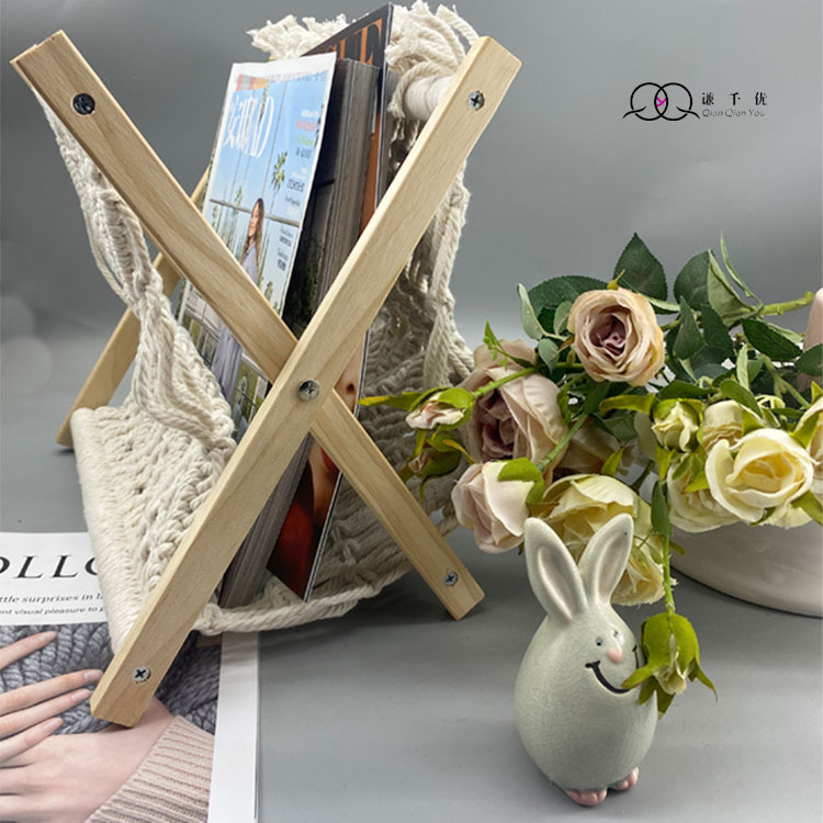 Nordic style cotton rope woven magazine rack bohemian folding storage rack solid wood storage hand woven
