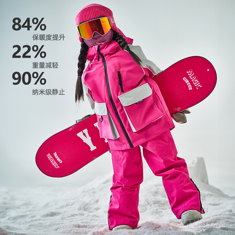 Professional Kidsren's Outdoor Cute Windproof Fleece-Lined Thickeneded Rose Red Rabbit Ear Ski Clothing Girls Ski Clothing New Style