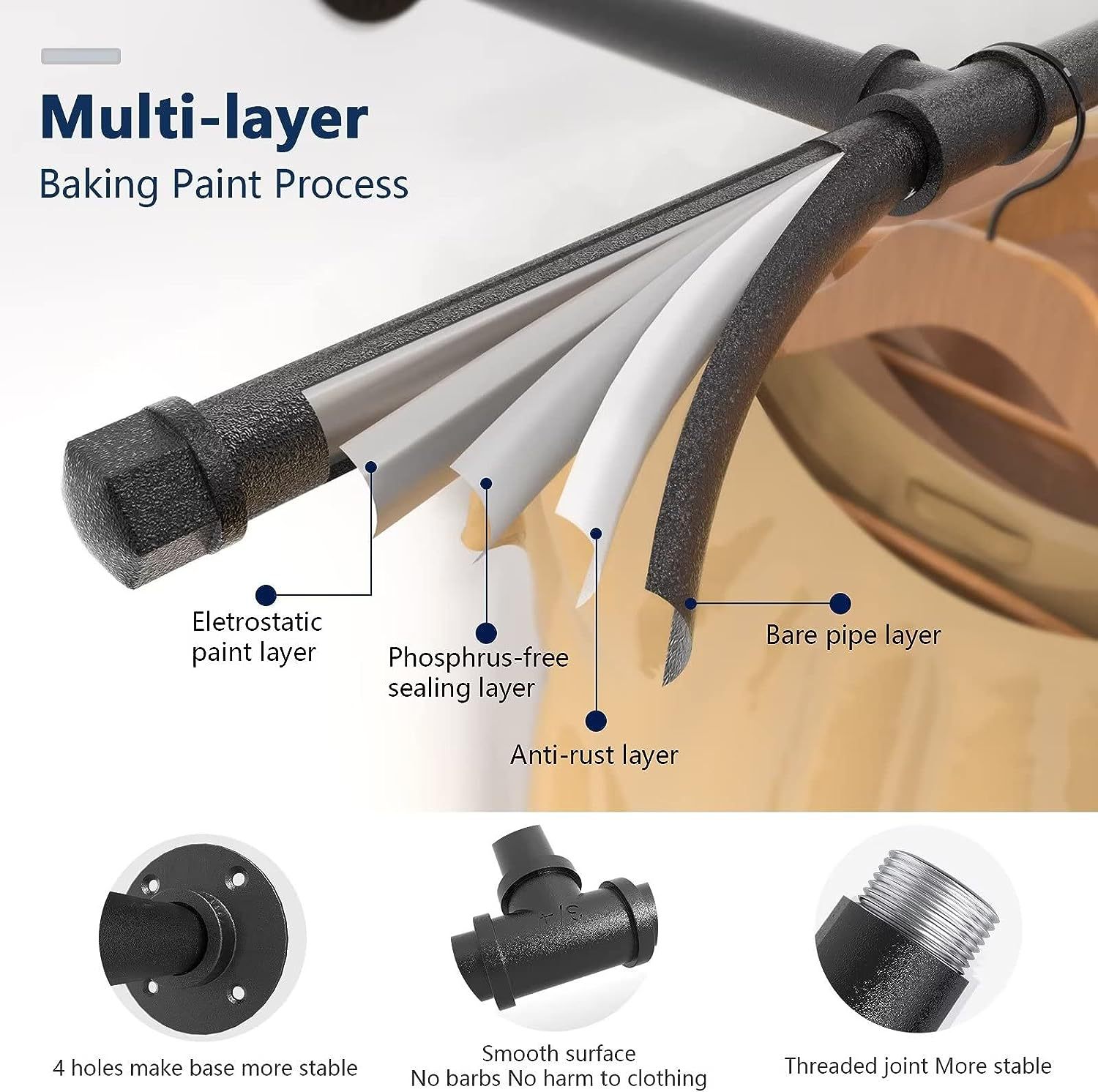 Wall-Mounted Clothes Rack, Industrial Pipe Wall Closet Metal Hanging Rod, Multi-Functional Clothes Drying Rod for Wardrobe