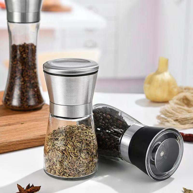 Cross-Border Stainless Steel Household Manual Glass Bottle Grinder Pearl Cotton Kitchen Supplies Pepper Sea Salt Grinding Bottle