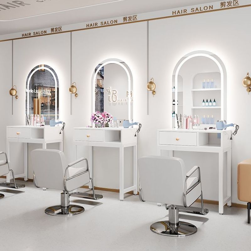 No-Drill Barber Shop Mirror Table, Specialized Beauty Salon Mirror Cabinet, Integrated Tool Cabinet, Trendy Led Mirror Table with Lights