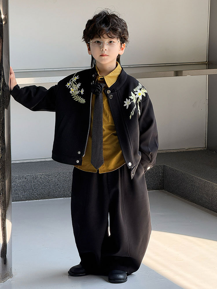 Boys' Jacket Set 2025 Autumn New Floral Embroidery Casual Jacket Children's Top Trendy One-Piece Wholesale