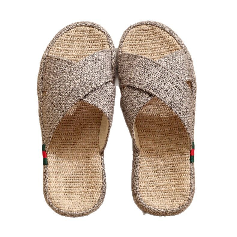 Home Non-slip Quiet Four Seasons Home Linen Cross-mop Linen Slippers Women's Summer Indoor Men's Breathable Thick Bottom
