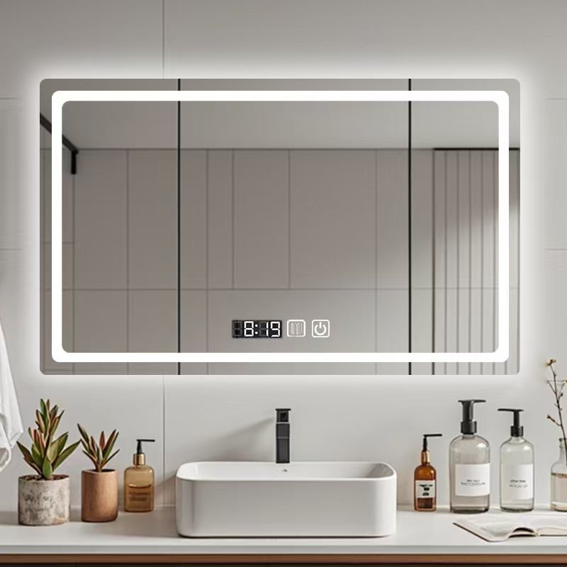 Shu's Original Factory Square Bathroom Mirror Smart Led Light Bathroom Sink Illuminated Mirror Defogger Horizontal Hanging
