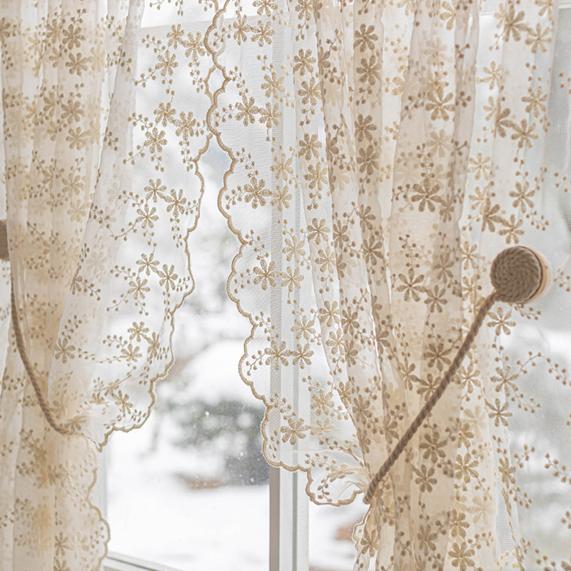French Cream Style Lace Gauze Curtain Non-perforated Short Curtain Embroidered Half Curtain Floating Window Floor-to-ceiling Window Small Window Partition Door Curtain